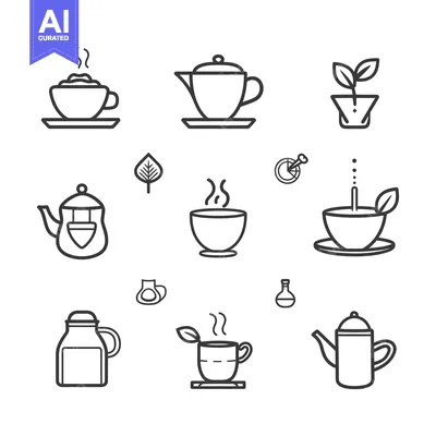Premium design asset: Line Drawings of Teacups, Teapots, and Tea Leaves