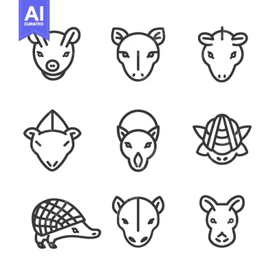 Line Drawings of Various Animal Heads and One Armadillo