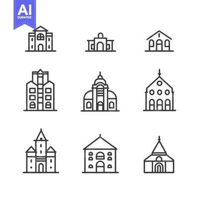 Aset desain premium: Line Drawings of Various Building Architectural Styles