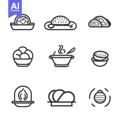 Aset premium populer: Line Drawings of Various Foods in Bowls and on Plates