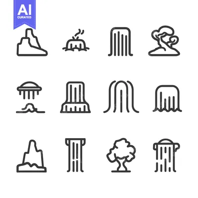 Aset premium populer: Line Drawings of Waterfalls, Mountains, and Trees