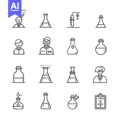 Aset desain premium: Line Icons of Chemistry Lab Equipment and People