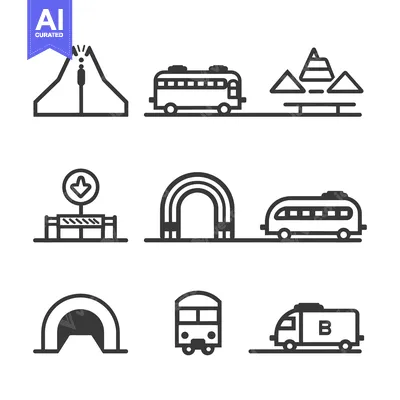 Aset desain premium: Line Icons of Different Transportation Methods and Structures