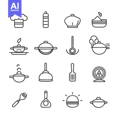 Aset premium populer: Line Icons of Kitchen Utensils and Food Preparation Equipment