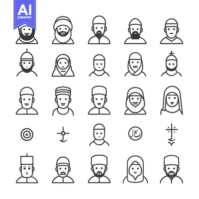 Aset premium populer: Line Icons of Muslim Men and Women in Traditional Clothing