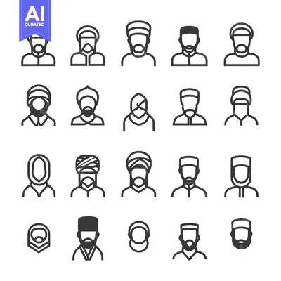 Aset desain premium: Line Icons of Muslim Men and Women Wearing Traditional Headwear