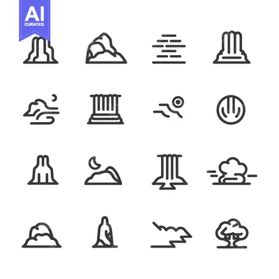 Aset desain premium: Line Icons of Natural Landscapes with Mountains, Trees, Waterfalls, an