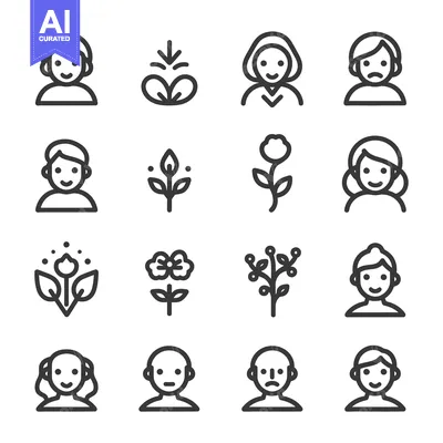 Aset desain premium: Line Icons of People and Plants Depicting Growth, Happiness, and Sadne