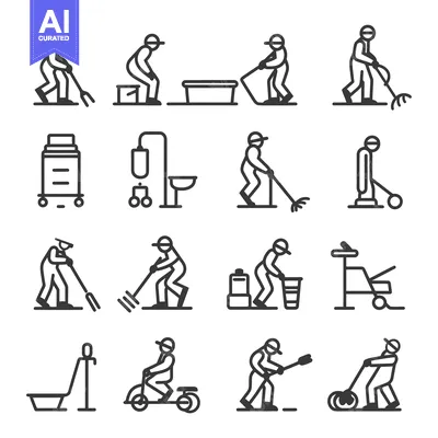Aset desain premium: Line Icons of People Performing Cleaning and Maintenance Tasks