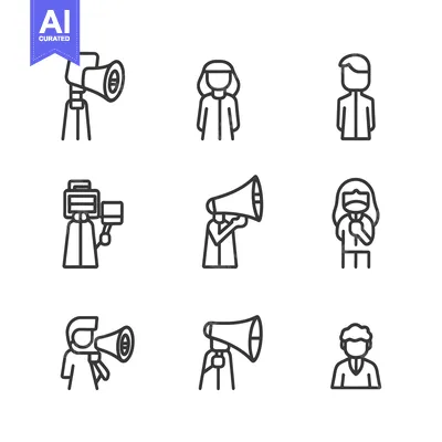 Aset desain premium: Line Icons of People Using Megaphones and Cameras