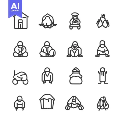 Line Icons of People Wearing Traditional Clothing and Objects
