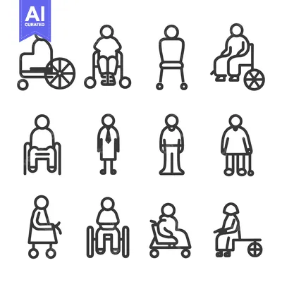 Aset desain premium: Line Icons of People with Mobility Aids and Disabilities