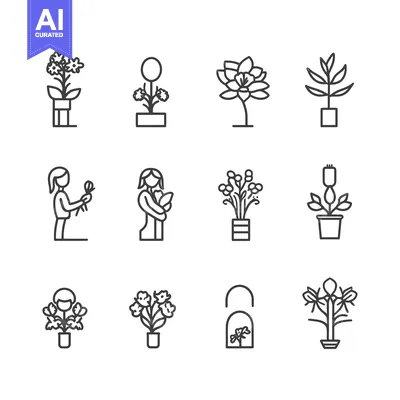 Aset premium populer: Line Icons of Potted Plants, Flowers and People Holding Flowers