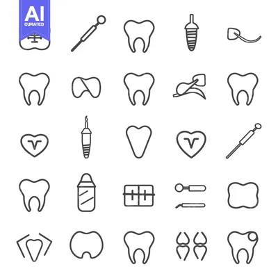 Line Icons Set of Dental Care Tools and Teeth