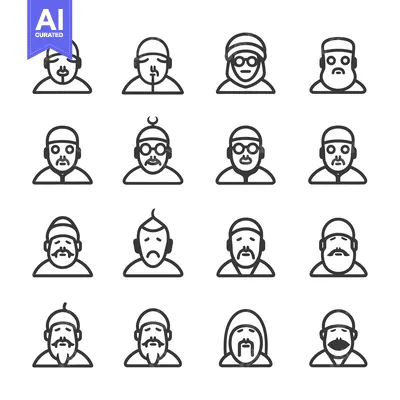 Line Icons Set of Men with Beards, Mustaches, and Headwear