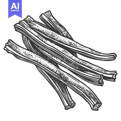 A monochrome sketch illustration depicts several vanilla bean pods
