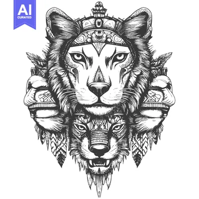 Popular premium asset: Lion and Wolf Heads Intertwined with Ornate Tribal Designs