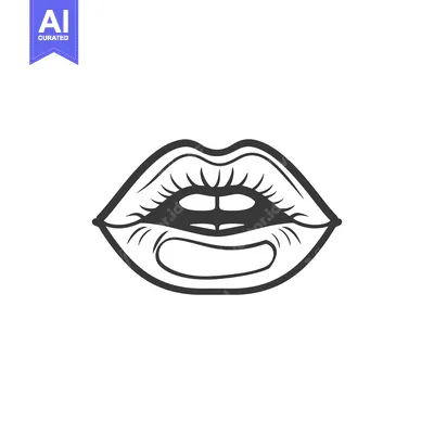 Aset premium populer: A black and white line drawing depicting a pair of parted lips