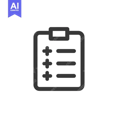 Aset desain premium: Minimalist Clipboard Icon with Plus Signs and Lines on White Backgroun