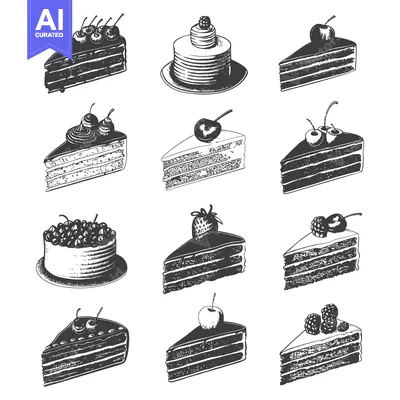 Aset premium populer: Detailed illustration showing various pieces of delicious cakes and pa