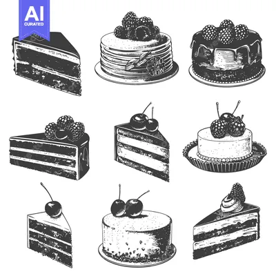 Popular premium asset: Nine different black and white illustrations of delicious dessert cake