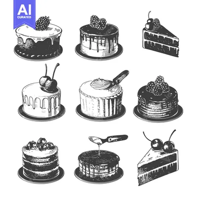 Aset desain premium: Nine different decorative cakes each topped with fruit designs