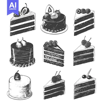 Popular premium asset: Nine black and white illustrations of various dessert cakes