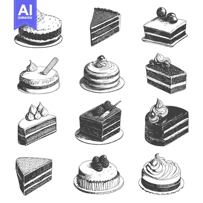 Aset desain premium: Various sketched cakes and slices with different decorative toppings