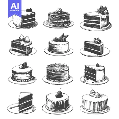 Aset premium populer: Black and white sketch art showing various delicious cakes and slices