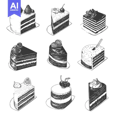 Aset premium populer: Ink Drawn Slices of Cakes with Assorted Decorations Displayed