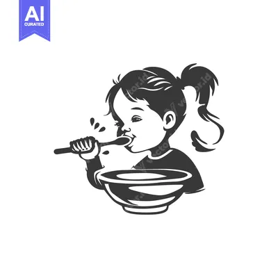 Premium design asset: Little Girl Eating from a Bowl with a Spoon