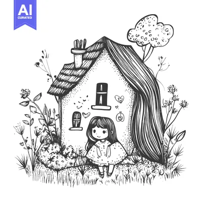 Aset premium populer: Little Girl Standing in Front of a Small House with a Curved Roof
