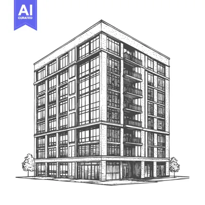 Aset desain premium: A detailed hand drawn illustration depicts a tall residential building