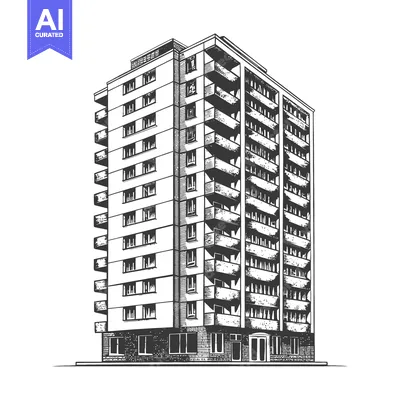Premium design asset: A detailed black and white illustration of a tall apartment building