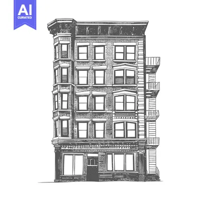 Aset desain premium: A detailed illustration of an old apartment building in grayscale