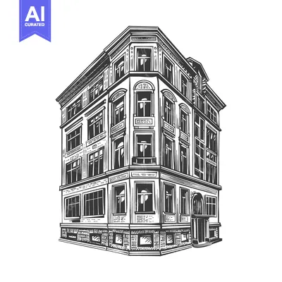 Aset premium populer: Detailed monochrome drawing of a classical three story building corner