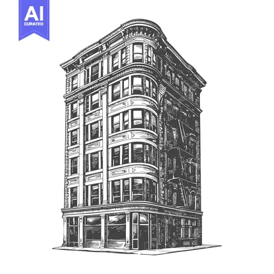 Popular premium asset: An elegant corner commercial building illustration in pen and ink styl