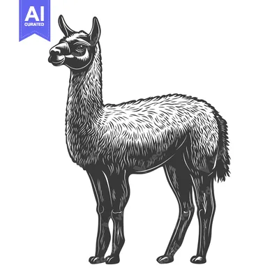 Premium design asset: A detailed monochromatic illustration showing a standing llama animal