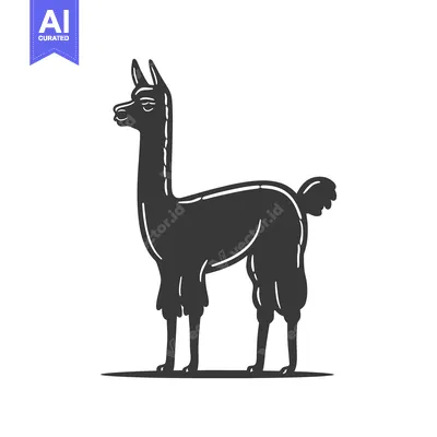 A monochrome silhouette of a standing llama creature on white