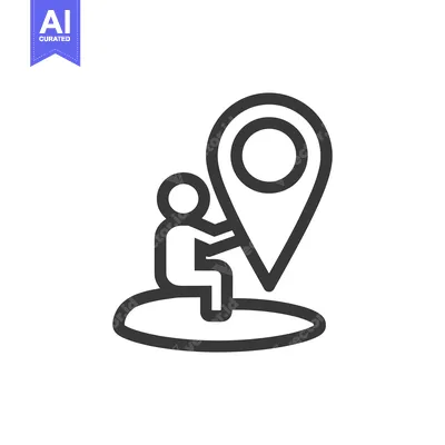 Premium design asset: Minimalist Icon: Person Riding Location Pin on Surfboard, Black Outlin