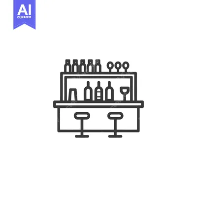 Aset premium populer: Minimalist Bar Icon: Bottles, Glasses, Stools, and Counter in Line Art