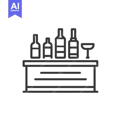 Aset desain premium: Minimalist Bar Icon: Bottles and Glass on Counter, Line Art