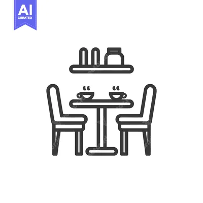 Aset premium populer: Minimalist Cafe Icon: Table, Chairs, Coffee, and Shelf Illustration