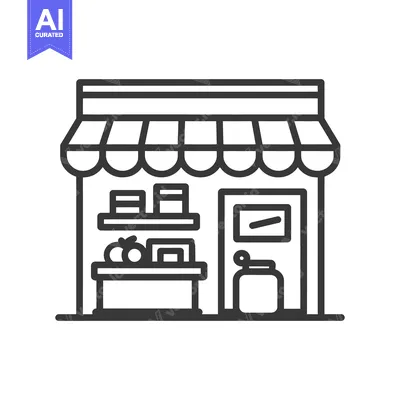 Aset desain premium: Minimalist Grocery Store Icon with Awning and Display Shelves