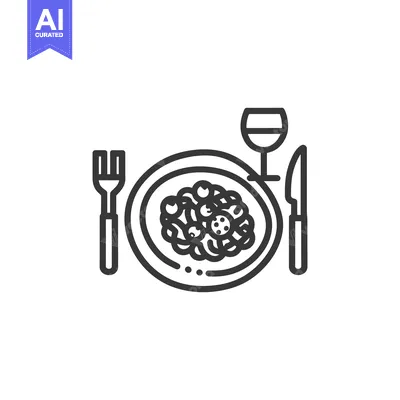 Aset desain premium: Elegant Line Art: Pasta Dish with Wine, Fork, and Knife on White Backg
