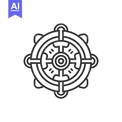 Dharma Wheel Icon: Intricate Buddhist Symbol in Minimalist Line Art