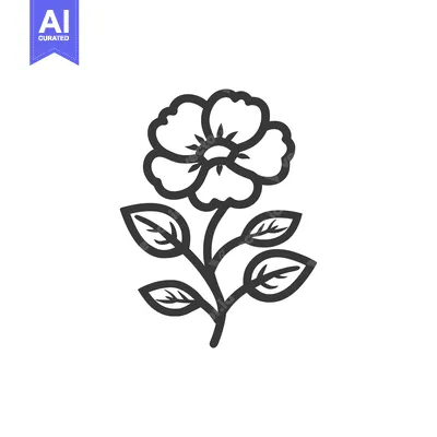 Aset desain premium: Elegant Floral Outline: Single Flower with Stem and Leaves on White Ba