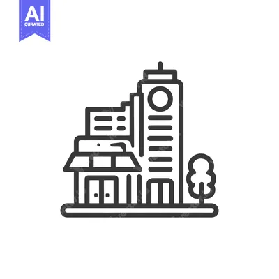 Aset desain premium: Minimalist Line Art: Modern Building Complex with Tower and Tree