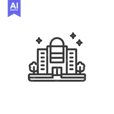 Elegant Building Icon with Dome and Trees, Minimalist Line Art