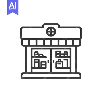 Pharmacy Icon: Simple Outline of Drugstore with Shelves